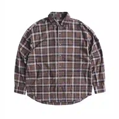 实年服工 工作室单件手作系列翻领宽松百搭潮流上衣长袖格子衬衫 男款 啡棕色