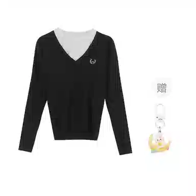 柏黛妃 假两件短款长袖上衣针织衫 女款 黑色+赠品