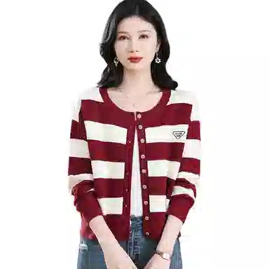 恒源祥 时尚百搭洋气条纹圆领长袖开衫针织衫 女款