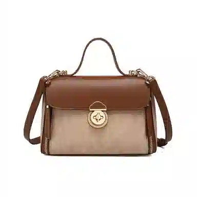 稻草人 时尚高级潮流气质小众百搭通勤拼色 聚氨酯 手提包 常规 女款 棕褐色/杏色