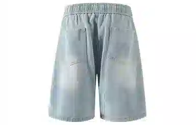 加菲猫家族 美式高街复古水洗做旧磨白拼接直筒阔腿休闲宽松潮流时尚日常百搭舒适柔软透气系带五分牛仔短裤 男女同款