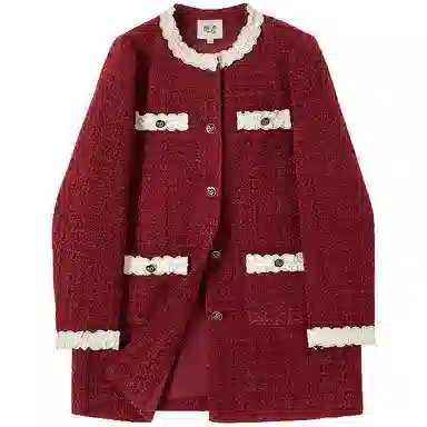 她池 圆领单排扣中长款蕾丝拼接夹克外套 女 红色