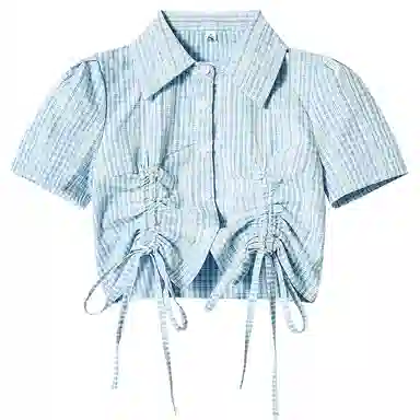 桴生 夏日清新方格抽褶泡泡袖短款短袖衬衫 女款 蓝色