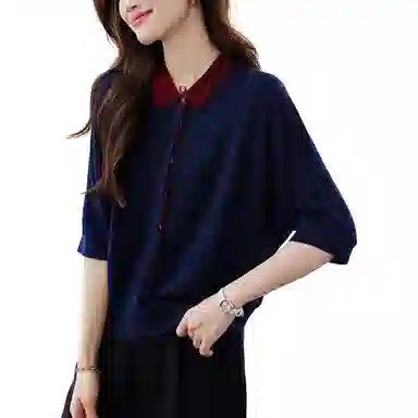 曲韩 七分袖女春夏季款翻领针织衫 女款