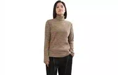 善己 休闲高领条纹长袖针织衫 女款 棕色