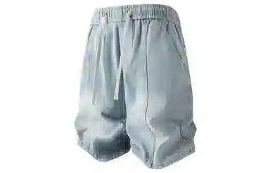 加菲猫家族 美式高街复古水洗做旧磨白拼接直筒阔腿休闲宽松潮流时尚日常百搭舒适柔软透气系带五分牛仔短裤 男女同款