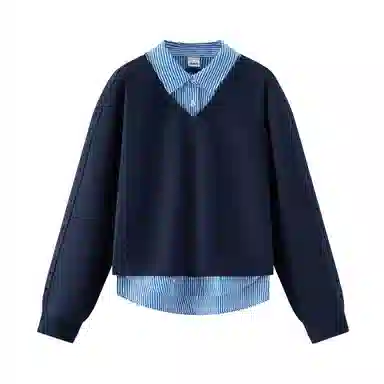 森马 假两件条纹翻领开叉卫衣 女款