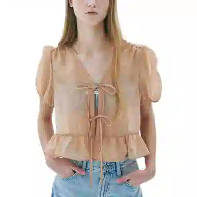 MARDI MERCREDI SS25 SHEER RIBBON BLOUSE HALF SLEEVE_BEIGE