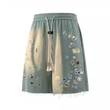 哲源 美式潮流时尚贴纸印花创意手绘小众裤脚毛边设计卡通动画图案宽松舒适亲肤运动百搭个性薄款休闲短裤 男女同款