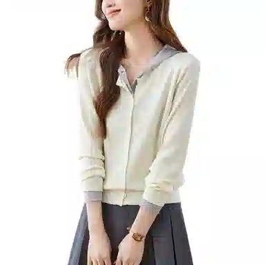 曲韩 连帽假两件高级感小个子外套休闲针织衫 女款