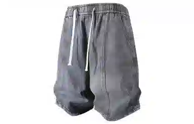 加菲猫家族 美式高街复古水洗做旧磨白拼接直筒阔腿休闲宽松潮流时尚日常百搭舒适柔软透气系带五分牛仔短裤 男女同款