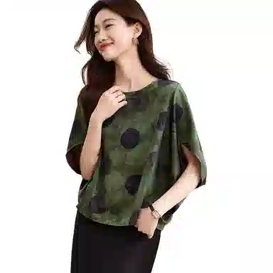 曲韩 短袖印花蝙蝠袖圆领雪纺衫 女款