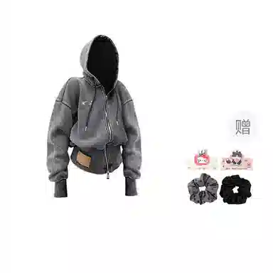 桴生 美式复古小众高级感时尚潮流舒适百搭简约水洗刺绣做旧加宽螺纹短款开衫连帽外套卫衣 女款