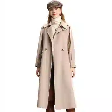 粉红玛琍 翻领纯色中长款长袖系带大衣 女款