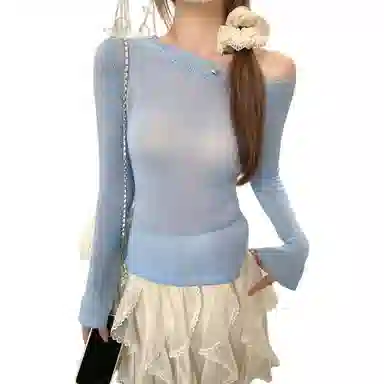 水中花 微透长袖修身斜领韩版上衣针织衫 女款