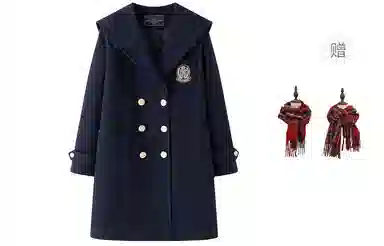 东鲸岁时记 海军领毛呢学院风牛角扣单排扣呢子大衣 女款 绀色