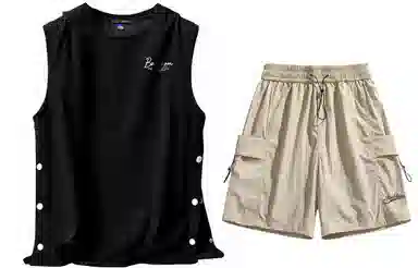 大卫贝肯 美式嘻哈街头侧边排扣设计字母印花背心松紧系带腰头户外速干工装短裤宽松舒适百搭潮流休闲运动套装 男女同款