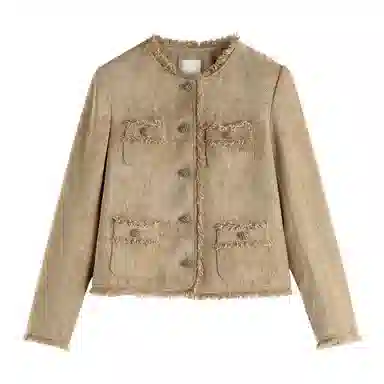 茵曼 优雅小香风短款外套毛边圆领长袖截短外套 女款