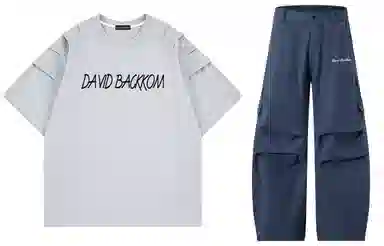 大卫贝肯 美式复古手写字母印花图案重磅双面棉多层次结构款多袋短袖山本斜弯刀褶皱伞兵裤休闲运动套装 男女同款