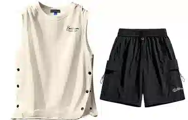 大卫贝肯 美式嘻哈街头侧边排扣设计字母印花背心松紧系带腰头户外速干工装短裤宽松舒适百搭潮流休闲运动套装 男女同款