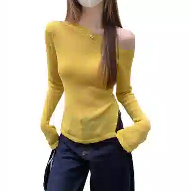 水中花 微透长袖修身斜领韩版上衣针织衫 女款