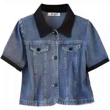 她池 翻领短袖单排扣短款外搭牛仔外套 女款 浅蓝色
