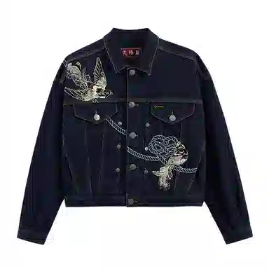 鬼洗 泥棒蓝同心喜鹊绣花情侣牛仔外套 女款 蓝