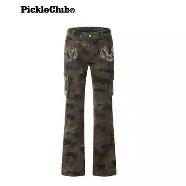 梁拌泡菜 美式高街多口袋修身微喇迷彩裤 男女同款