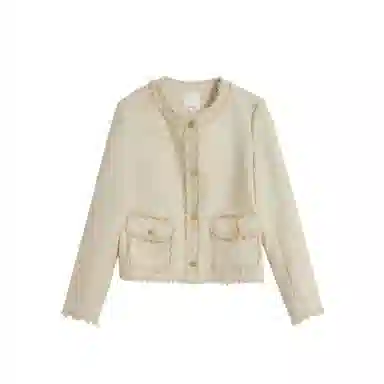 茵曼 优雅小香风短款外套毛边圆领长袖截短外套 女款