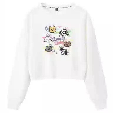 棉致 喵喵伙伴纯色简约圆领弹力吸湿透气短款宽松套头长袖卫衣 女