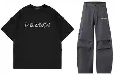大卫贝肯 美式复古手写字母印花图案重磅双面棉多层次结构款多袋短袖山本斜弯刀褶皱伞兵裤休闲运动套装 男女同款