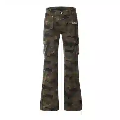 梁拌泡菜 美式高街多口袋修身微喇迷彩裤 男女同款