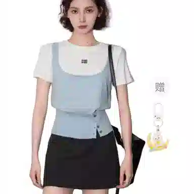 柏黛妃 假两件撞色修身圆领收腰短袖针织衫 女款