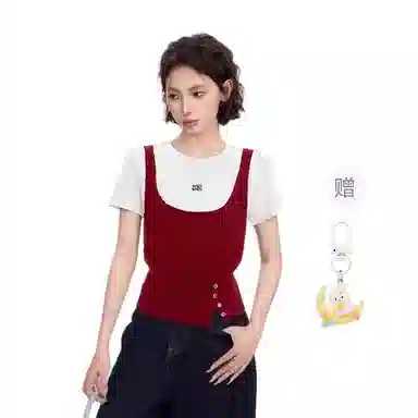 柏黛妃 假两件撞色修身圆领收腰短袖针织衫 女款