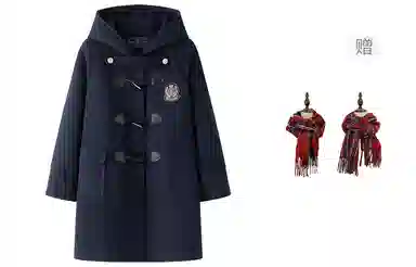 东鲸岁时记 休闲外套学院风徽章纯色连帽牛角扣直筒呢子加厚防寒夹棉大衣 女款