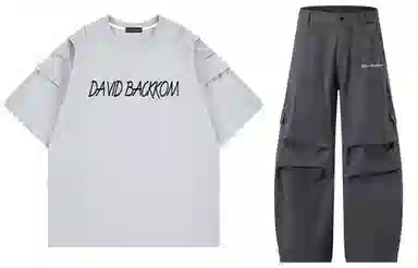 大卫贝肯 美式复古手写字母印花图案重磅双面棉多层次结构款多袋短袖山本斜弯刀褶皱伞兵裤休闲运动套装 男女同款
