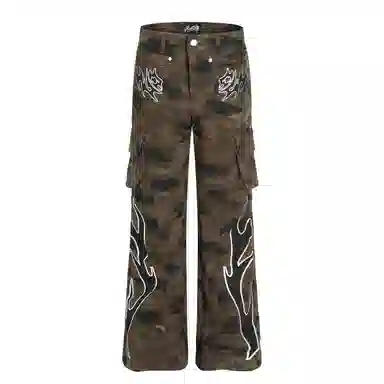 梁拌泡菜 美式高街多口袋修身微喇迷彩裤 男女同款