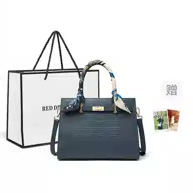 红蜻蜓 凯莉包丝巾高级感小众时尚实用百搭通勤潮流 头层牛皮 单肩斜挎手提包 女款 蓝色