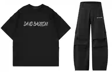 大卫贝肯 美式复古手写字母印花图案重磅双面棉多层次结构款多袋短袖山本斜弯刀褶皱伞兵裤休闲运动套装 男女同款