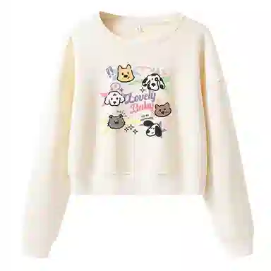 棉致 喵喵伙伴纯色简约圆领弹力吸湿透气短款宽松套头长袖卫衣 女