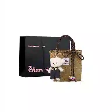 冠军小熊 可爱小熊编织手绳菜篮子包彩色装饰绳精致手工编制包沙滩包 草编 手提包 女款 咖色/绿色/粉色/黄色