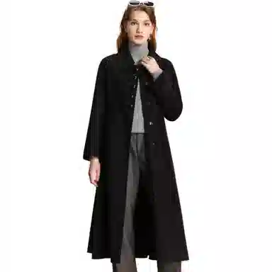 粉红玛琍 翻领中长款通勤大衣 女款 黑色