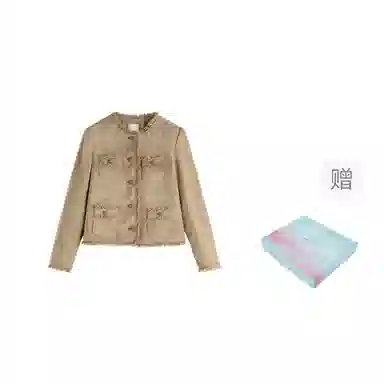 茵曼 优雅小香风短款外套毛边圆领长袖截短外套 女款