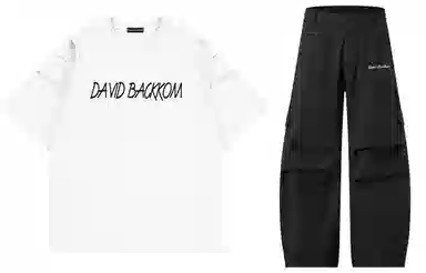 大卫贝肯 美式复古手写字母印花图案重磅双面棉多层次结构款多袋短袖山本斜弯刀褶皱伞兵裤休闲运动套装 男女同款