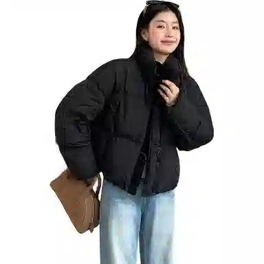 鸭鸭 宽松保暖连帽休闲面包短款长袖羽绒服 女款