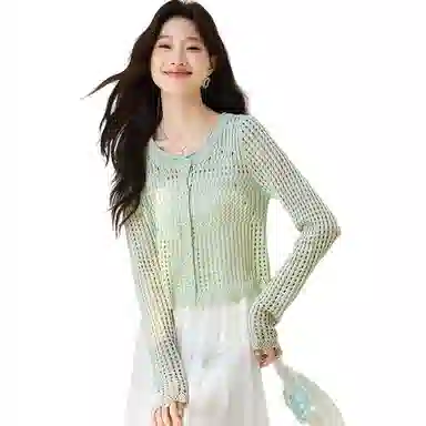 恒源祥 圆领镂空配吊带裙冰丝防晒开衫外套时尚纯色百搭长袖夏季针织衫 女款
