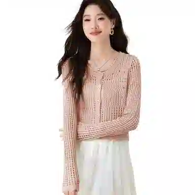 恒源祥 圆领镂空配吊带裙冰丝防晒开衫外套时尚纯色百搭长袖夏季针织衫 女款