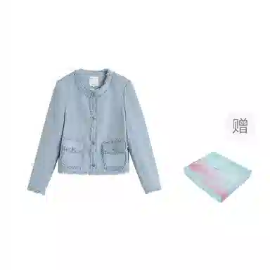 茵曼 优雅小香风短款外套毛边圆领长袖截短外套 女款