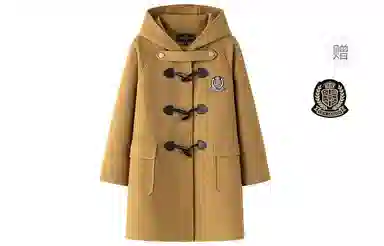 东鲸岁时记 休闲外套学院风徽章纯色连帽牛角扣直筒呢子加厚防寒夹棉大衣 女款