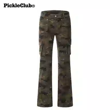 梁拌泡菜 美式高街多口袋修身微喇迷彩裤 男女同款